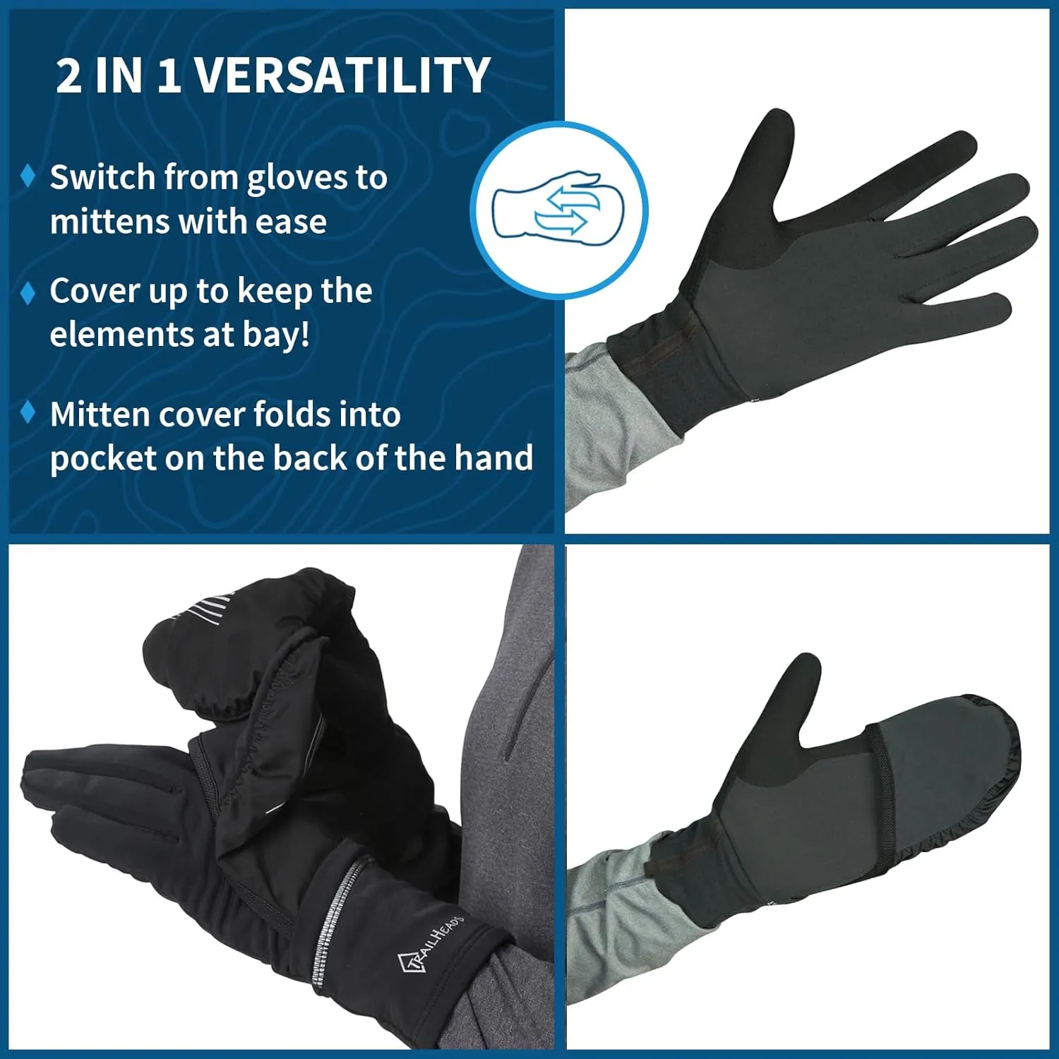 TrailHeads Womens Running Gloves Touchscreen Fingers & Convertible Waterproof Mitten Shell - for Winter, Reflective, Warm