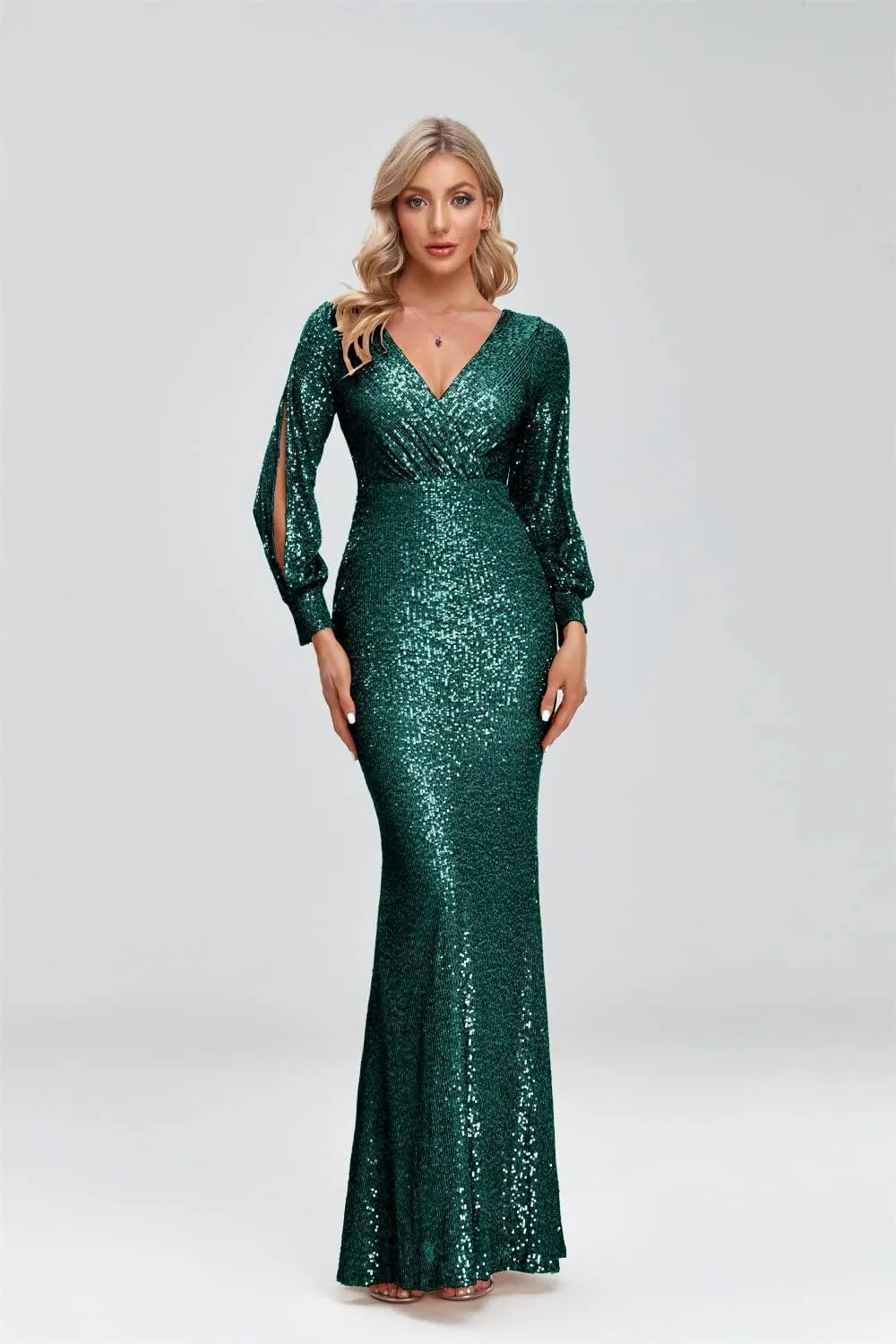 Upgrade Sequined Mermaid V Neck Long Slit Sleeve Prom Evening Dress Bridesmaid Party Dresses with Long Sleeve Ball Gown