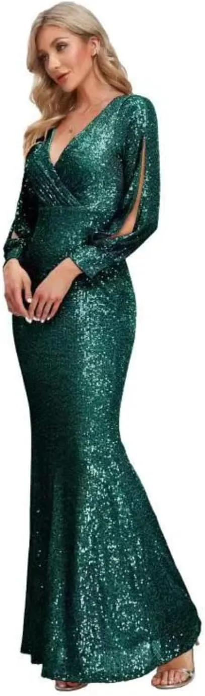 Upgrade Sequined Mermaid V Neck Long Slit Sleeve Prom Evening Dress Bridesmaid Party Dresses with Long Sleeve Ball Gown