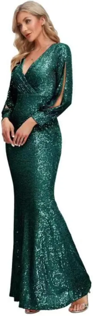Upgrade Sequined Mermaid V Neck Long Slit Sleeve Prom Evening Dress Bridesmaid Party Dresses with Long Sleeve Ball Gown