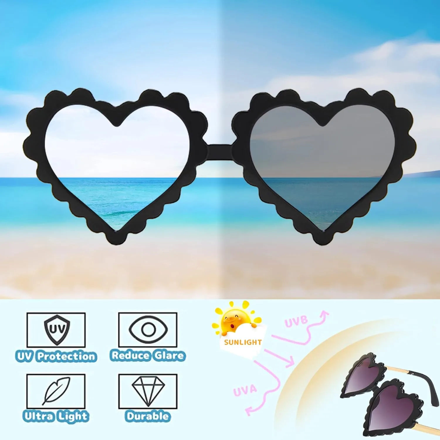 UTTPLL Kids Girl Heart Shaped Sunglasses Halloween Christmas Party Glasses for Photography Outdoor Beach UV 400 Protection