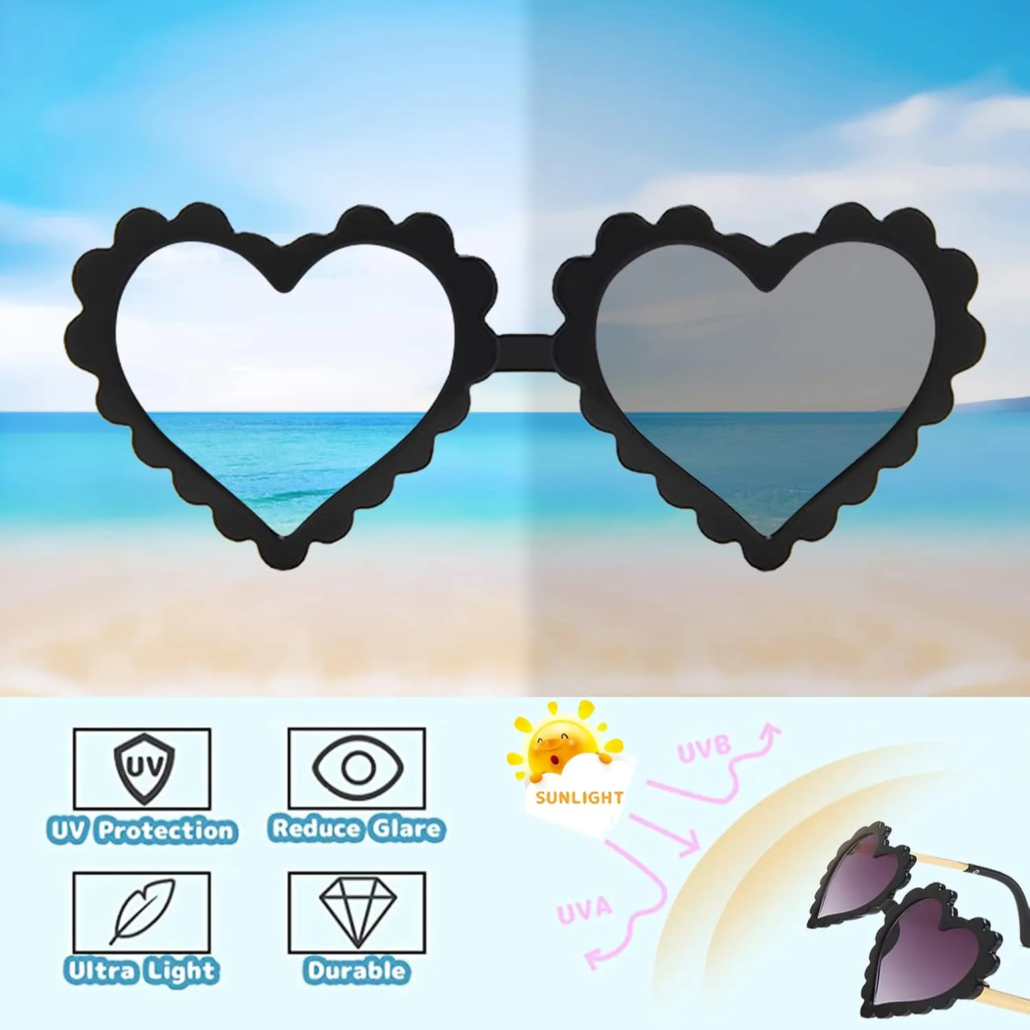 UTTPLL Kids Girl Heart Shaped Sunglasses Halloween Christmas Party Glasses for Photography Outdoor Beach UV 400 Protection