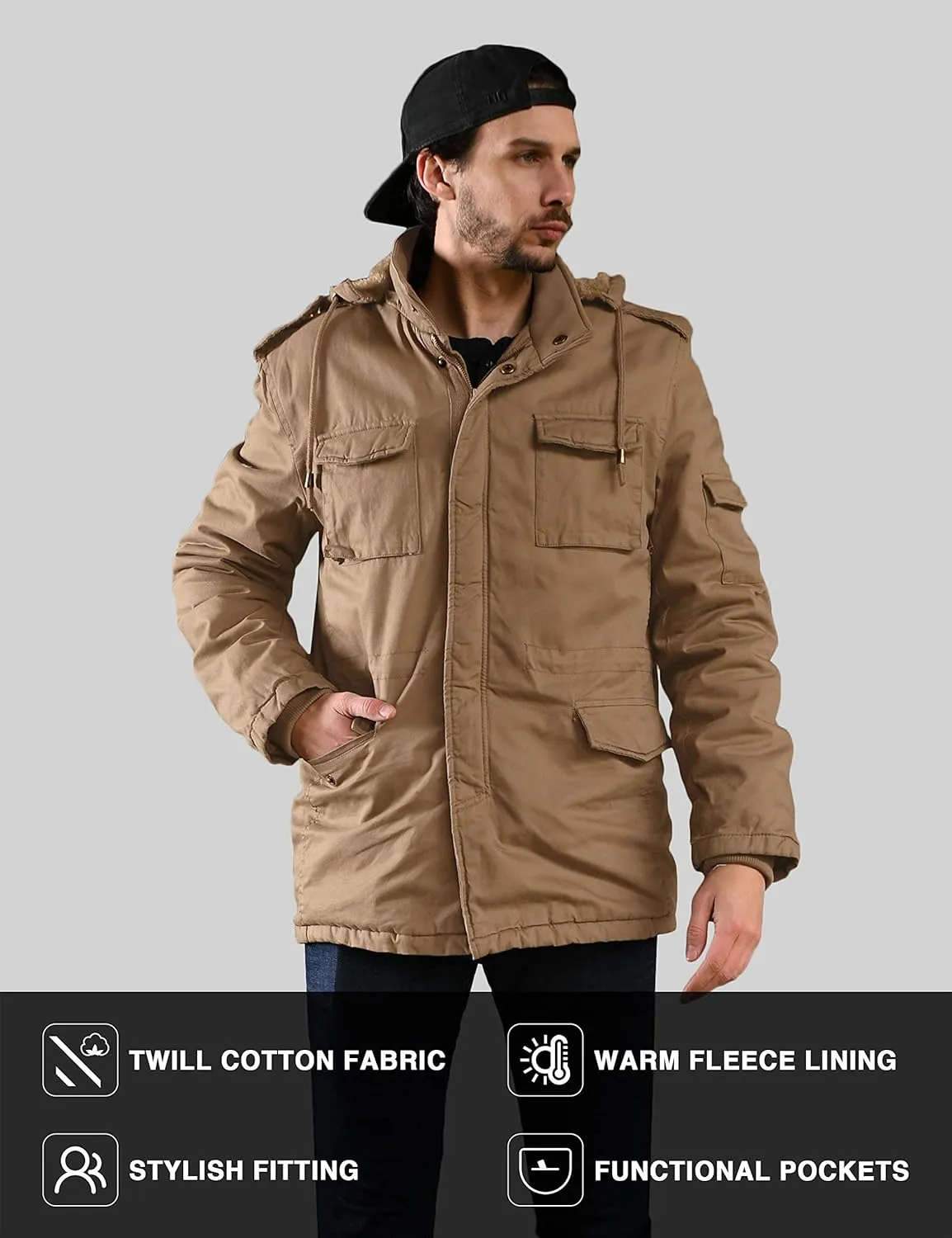 WenVen Men's Winter Military Thicken Parka Jacket Warm Coat with Removable Hood