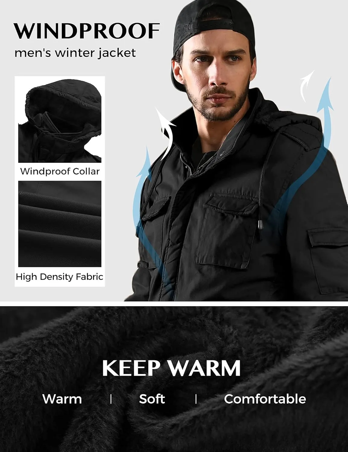 WenVen Men's Winter Military Thicken Parka Jacket Warm Coat with Removable Hood