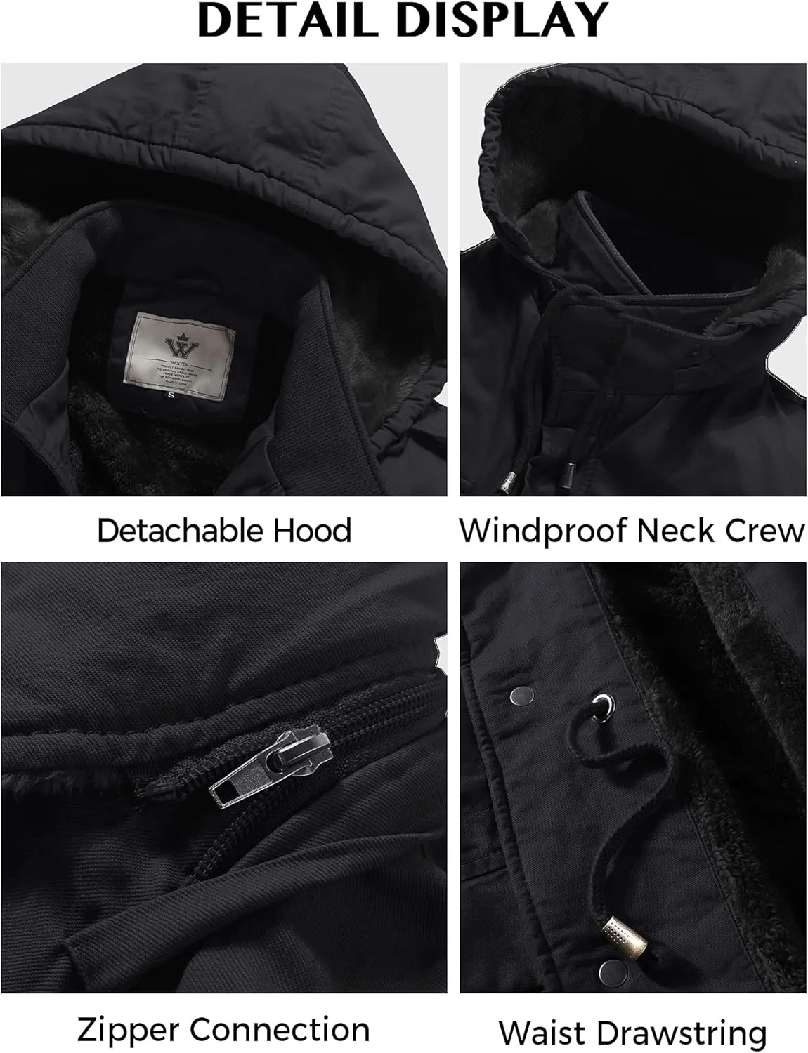 WenVen Men's Winter Military Thicken Parka Jacket Warm Coat with Removable Hood