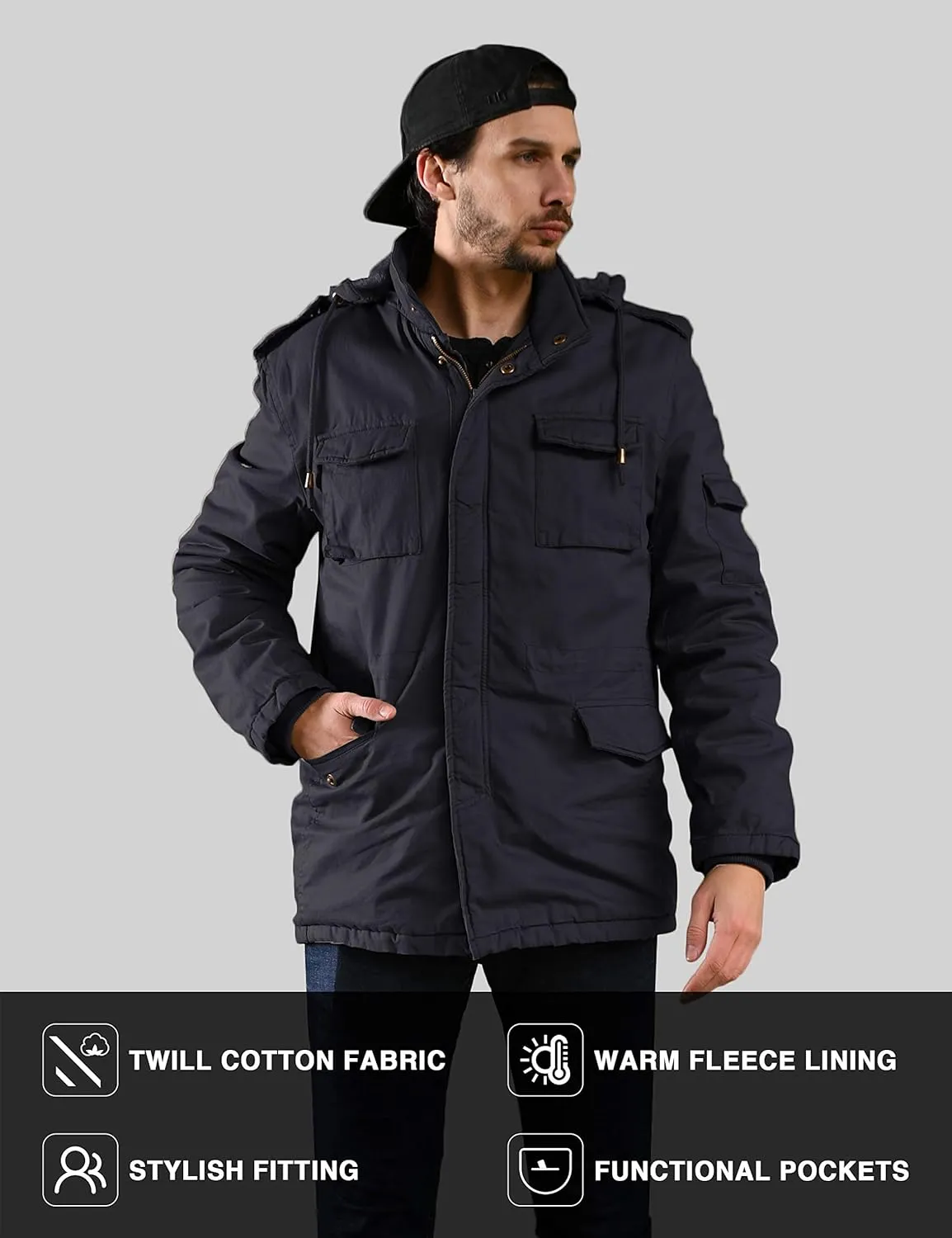 WenVen Men's Winter Military Thicken Parka Jacket Warm Coat with Removable Hood