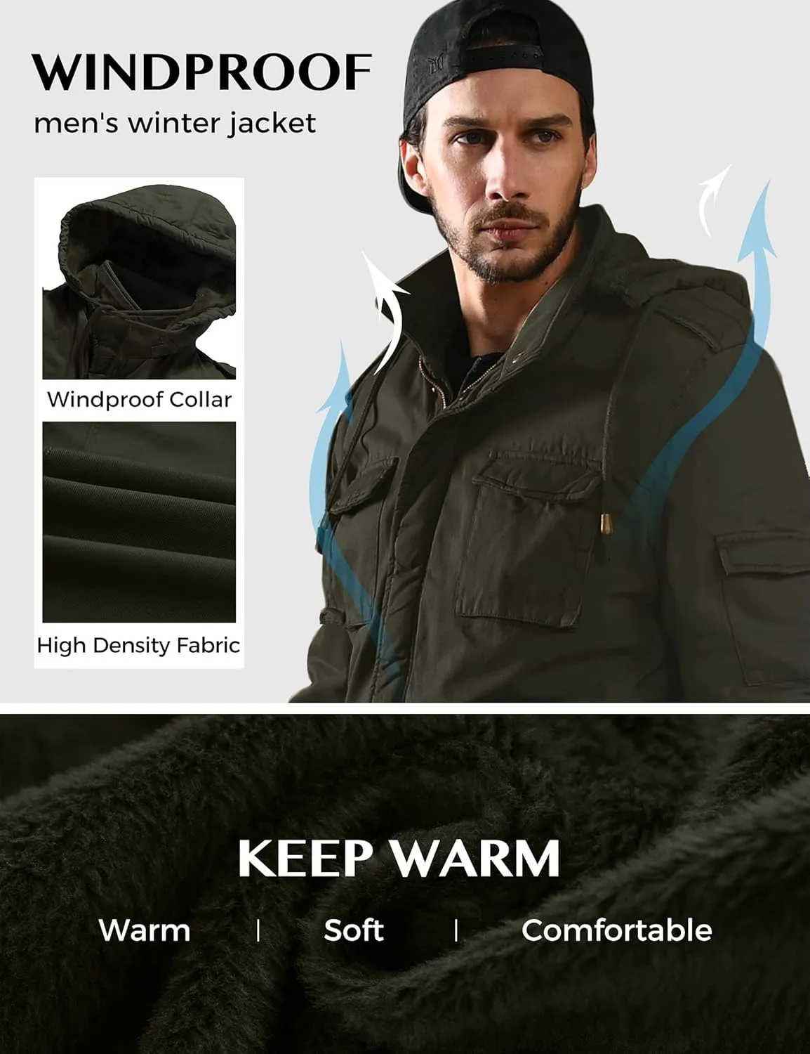 WenVen Men's Winter Military Thicken Parka Jacket Warm Coat with Removable Hood