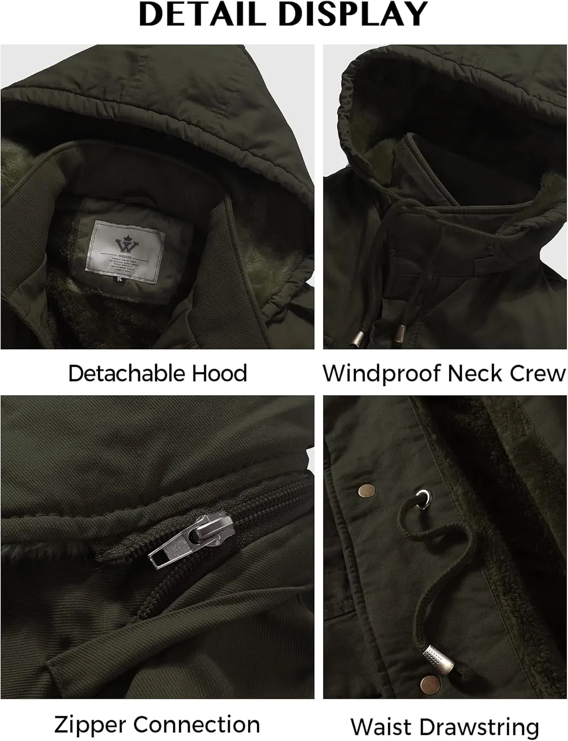 WenVen Men's Winter Military Thicken Parka Jacket Warm Coat with Removable Hood