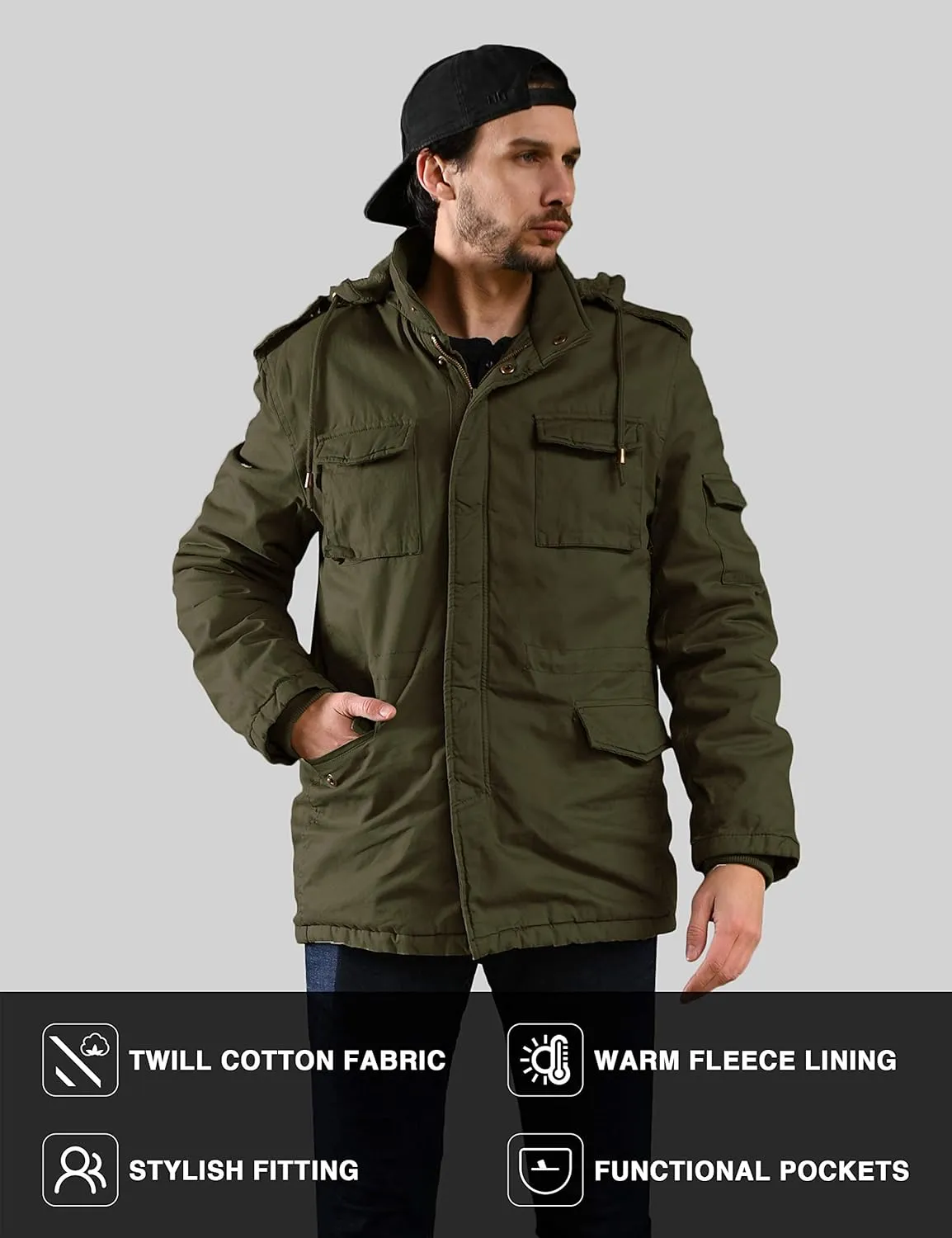 WenVen Men's Winter Military Thicken Parka Jacket Warm Coat with Removable Hood