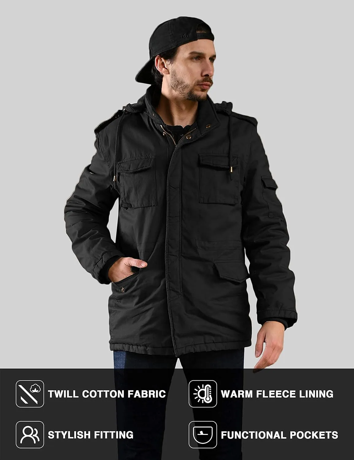 WenVen Men's Winter Military Thicken Parka Jacket Warm Coat with Removable Hood