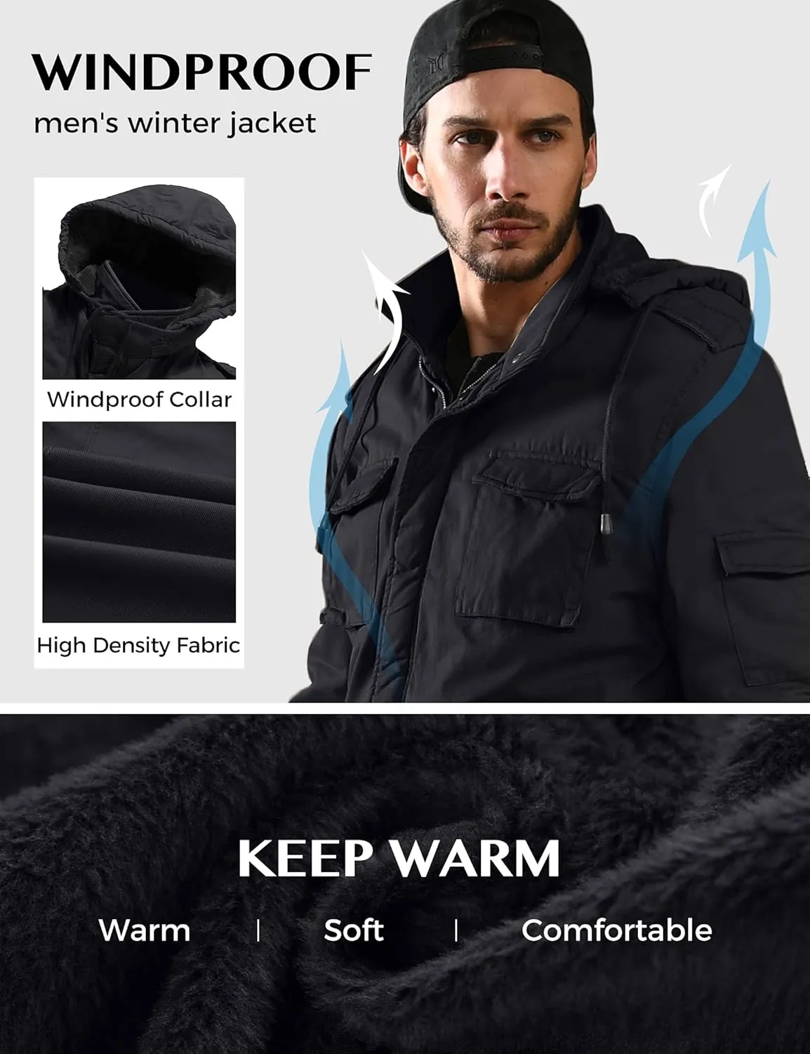 WenVen Men's Winter Military Thicken Parka Jacket Warm Coat with Removable Hood