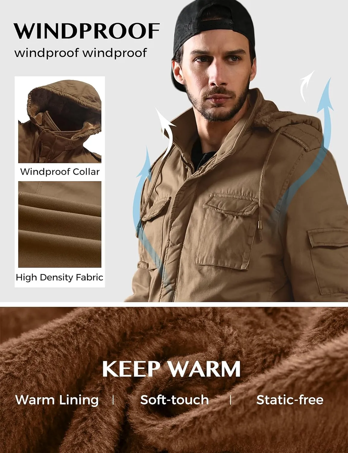 WenVen Men's Winter Military Thicken Parka Jacket Warm Coat with Removable Hood
