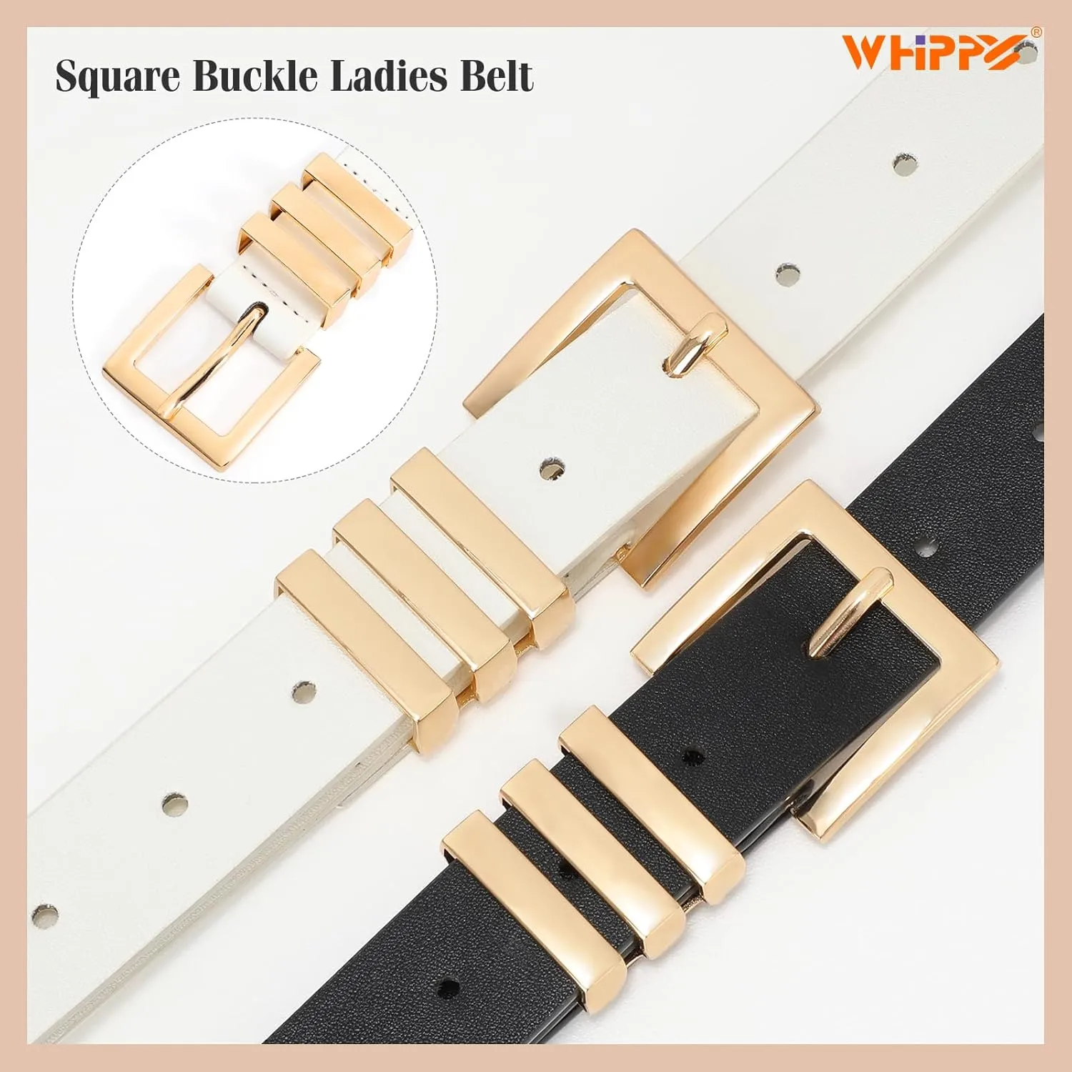 WHIPPY 2 Pack Women's Leather Belts Fashion Square Gold Buckle Ladies Belt for Jeans Pants Dress