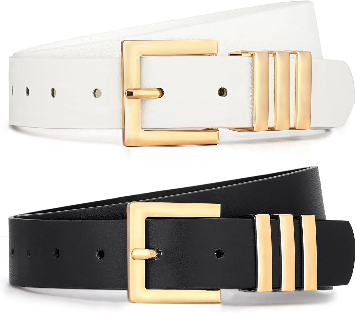WHIPPY 2 Pack Women's Leather Belts Fashion Square Gold Buckle Ladies Belt for Jeans Pants Dress