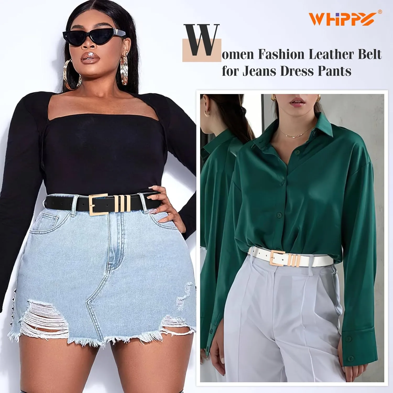 WHIPPY 2 Pack Women's Leather Belts Fashion Square Gold Buckle Ladies Belt for Jeans Pants Dress