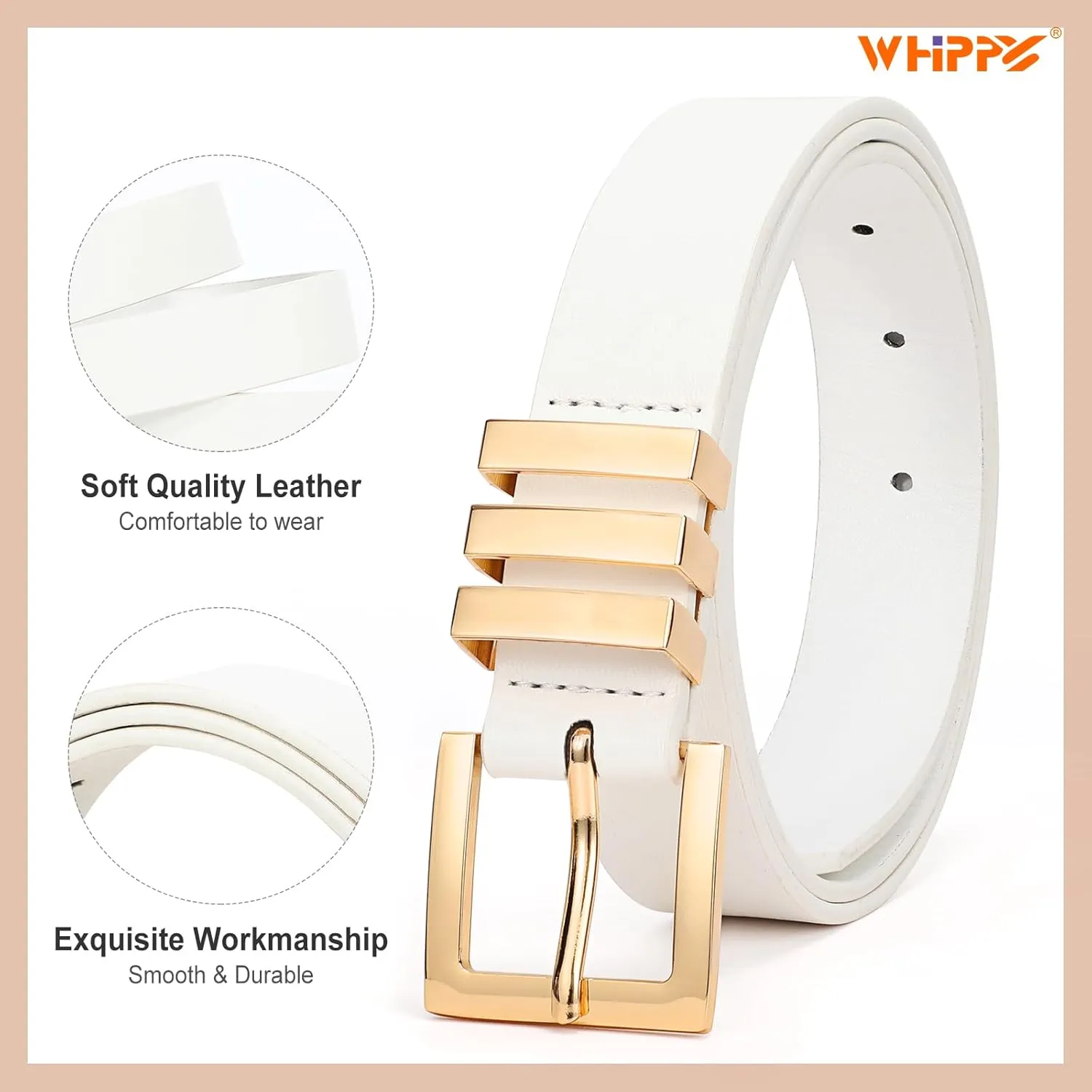 WHIPPY 2 Pack Women's Leather Belts Fashion Square Gold Buckle Ladies Belt for Jeans Pants Dress