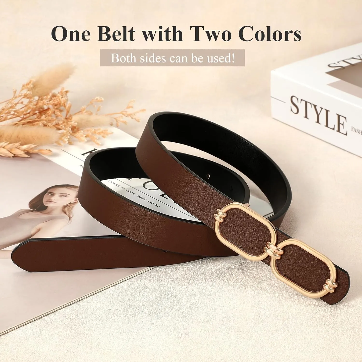 WHIPPY Women Reversible Leather Belts for Jeans Pants Fashion Skinny Belt Ladies Waist Belt with Gold Buckle