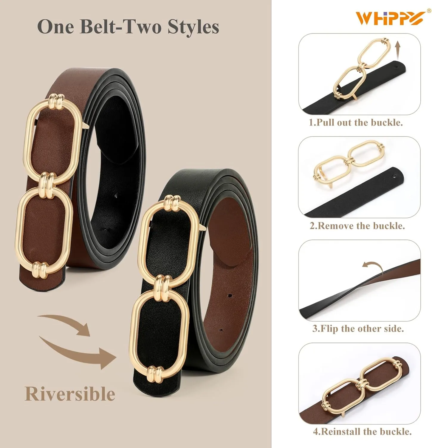 WHIPPY Women Reversible Leather Belts for Jeans Pants Fashion Skinny Belt Ladies Waist Belt with Gold Buckle
