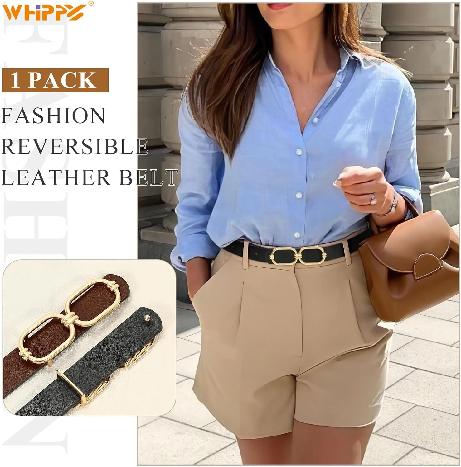 WHIPPY Women Reversible Leather Belts for Jeans Pants Fashion Skinny Belt Ladies Waist Belt with Gold Buckle