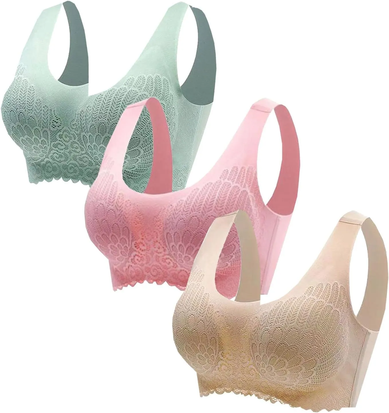 Wireless Bras for Womens Comfortable V Lace Bra Full Coverage Padded Seamless Bralettes Soft Support Everyday