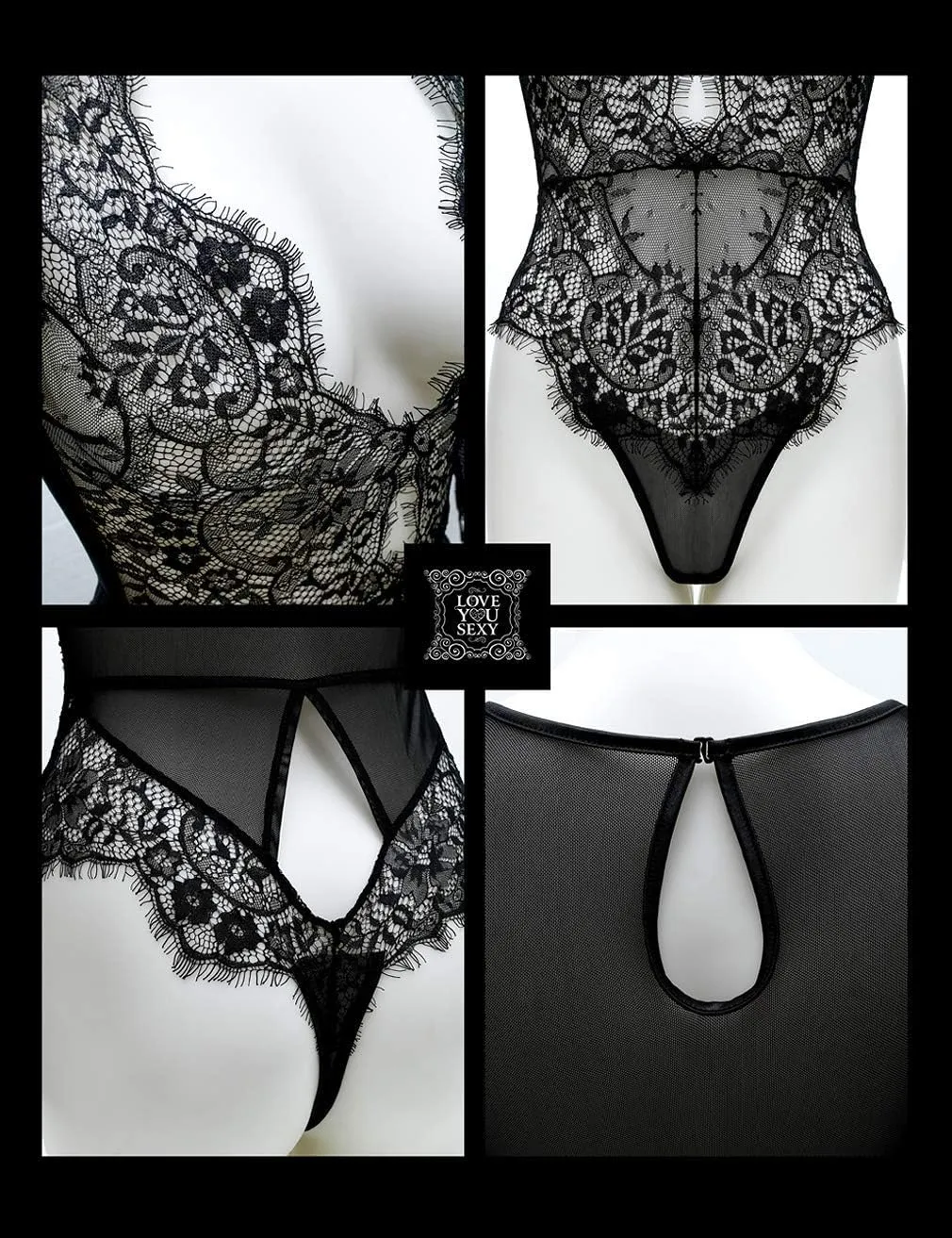 Women Lace Lingerie,Long Sleeves Deep V Bodysuit,Sheer Mesh Teddy Lingerie