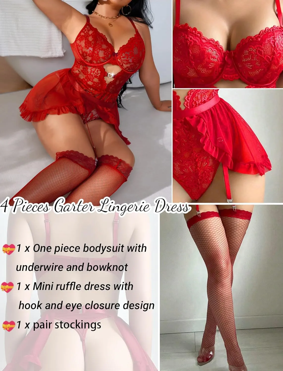 Women Lingerie with Garter Belt 4pcs Set Lace Contrast Mesh Bodysuit Ruffle Garter Belt Skirt & Stockings