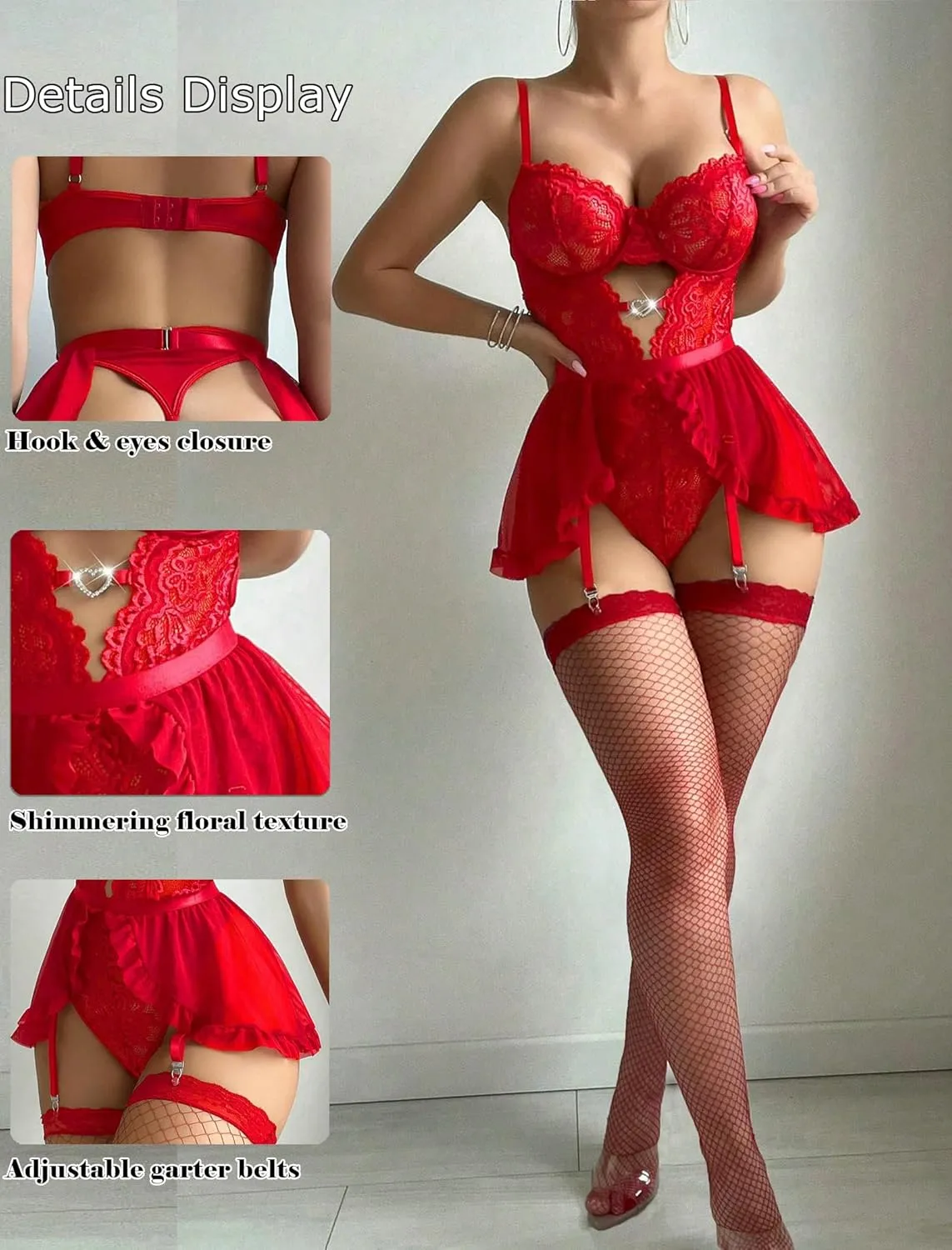Women Lingerie with Garter Belt 4pcs Set Lace Contrast Mesh Bodysuit Ruffle Garter Belt Skirt & Stockings