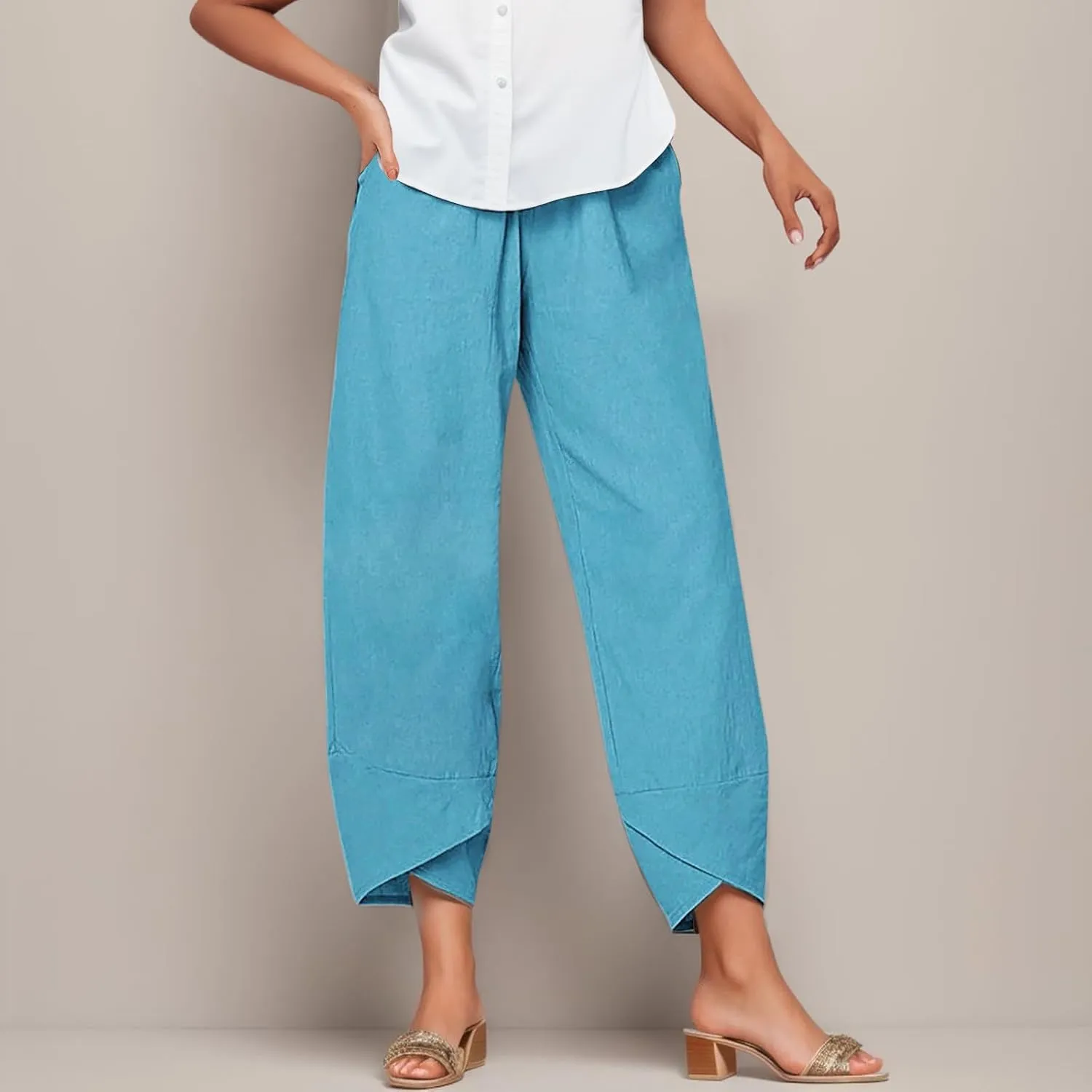 Women Wide Leg Linen Pants Dressy Casual Elastic High Waist Palazzo Pant Comfy Solid Trousers with Pocket