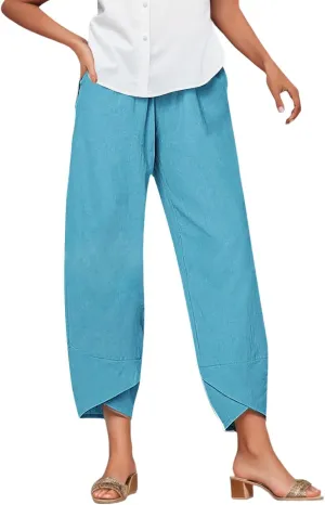 Women Wide Leg Linen Pants Dressy Casual Elastic High Waist Palazzo Pant Comfy Solid Trousers with Pocket