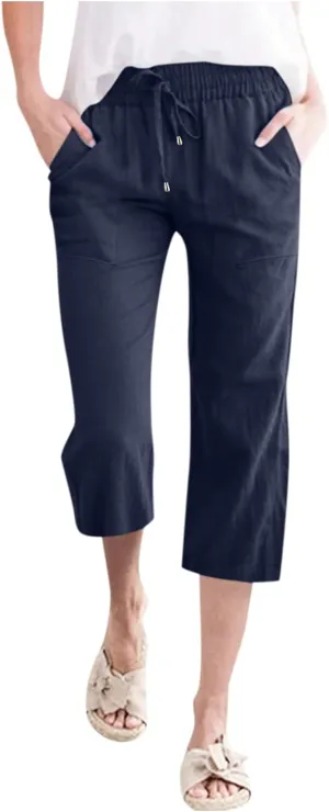 Women's Capri Summer Cotton Linen Pants Casual Loose Comfy High Waist Cropped Trousers Palazzo Pants