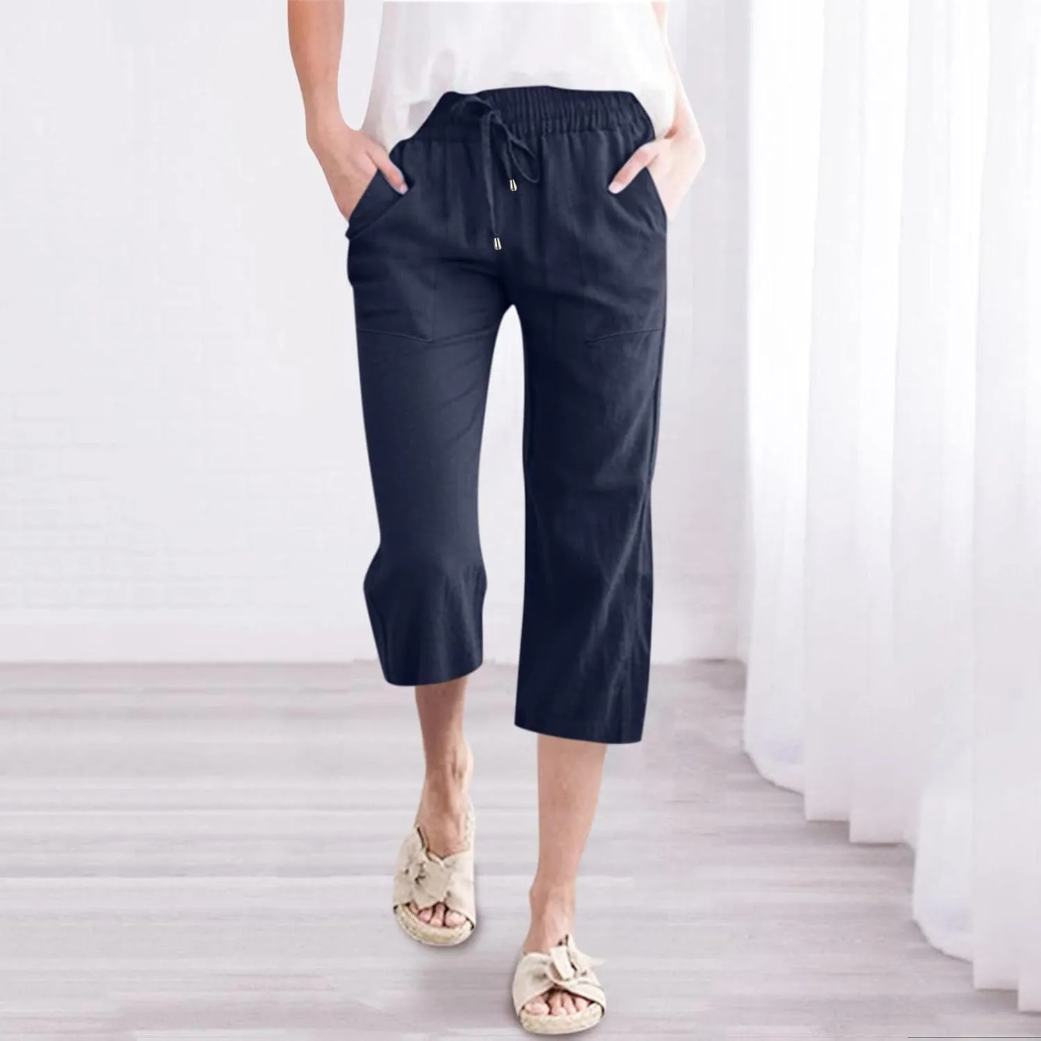 Women's Capri Summer Cotton Linen Pants Casual Loose Comfy High Waist Cropped Trousers Palazzo Pants