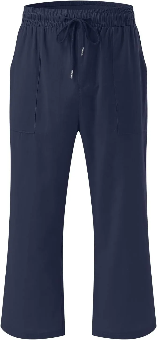 Women's Capri Summer Cotton Linen Pants Casual Loose Comfy High Waist Cropped Trousers Palazzo Pants