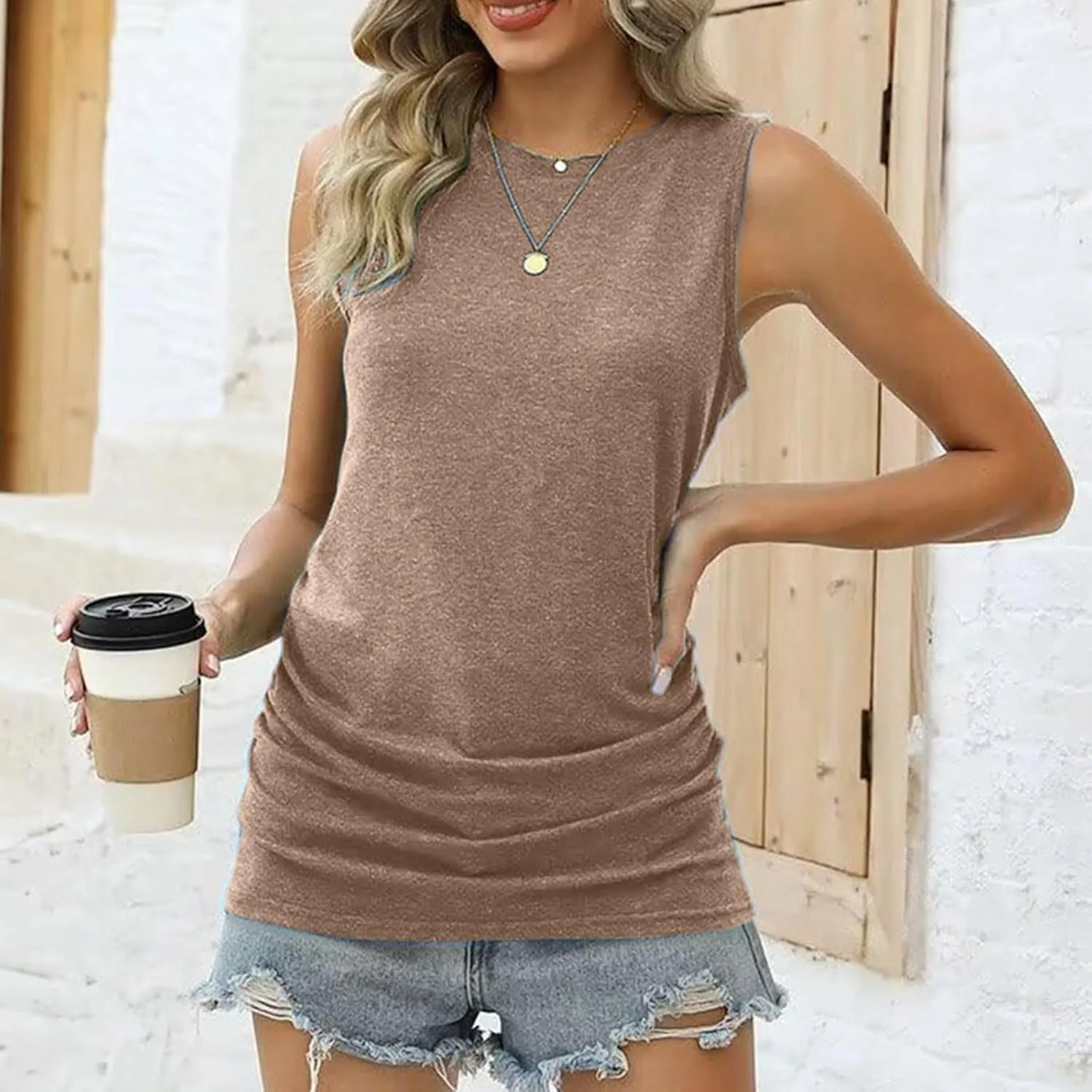 Womens Crewneck Sleeveless Shirts Side Ruched Tank Tops Relaxed Fitted Top Casual Spring Summer Trendy Clothes 2025