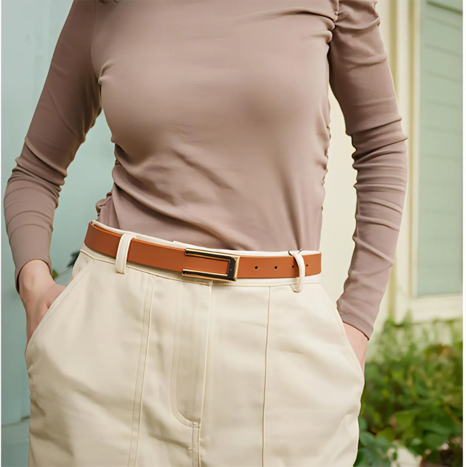 Womens Leather Belt for Pants Jeans Fashion Dresses Gold Buckle Skinny Belts for Ladies 2 Pack
