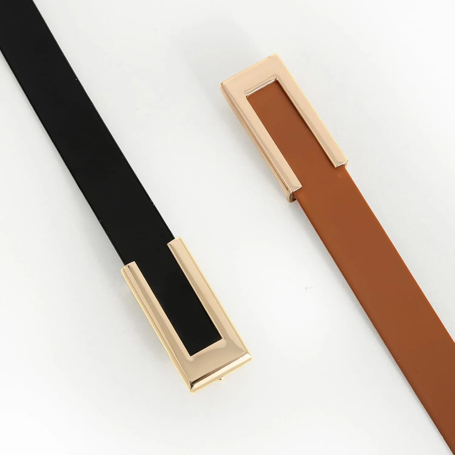 Womens Leather Belt for Pants Jeans Fashion Dresses Gold Buckle Skinny Belts for Ladies 2 Pack