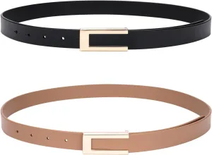Womens Leather Belt for Pants Jeans Fashion Dresses Gold Buckle Skinny Belts for Ladies 2 Pack