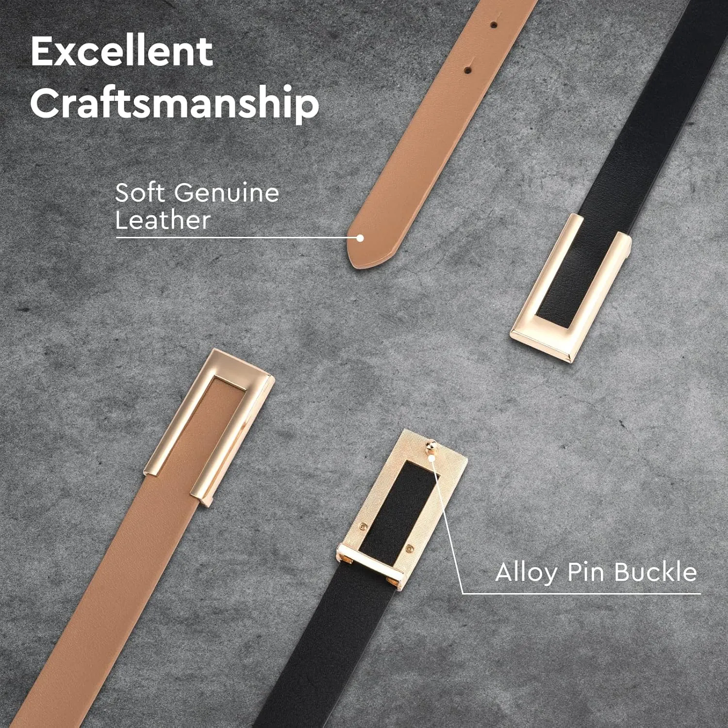 Womens Leather Belt for Pants Jeans Fashion Dresses Gold Buckle Skinny Belts for Ladies 2 Pack