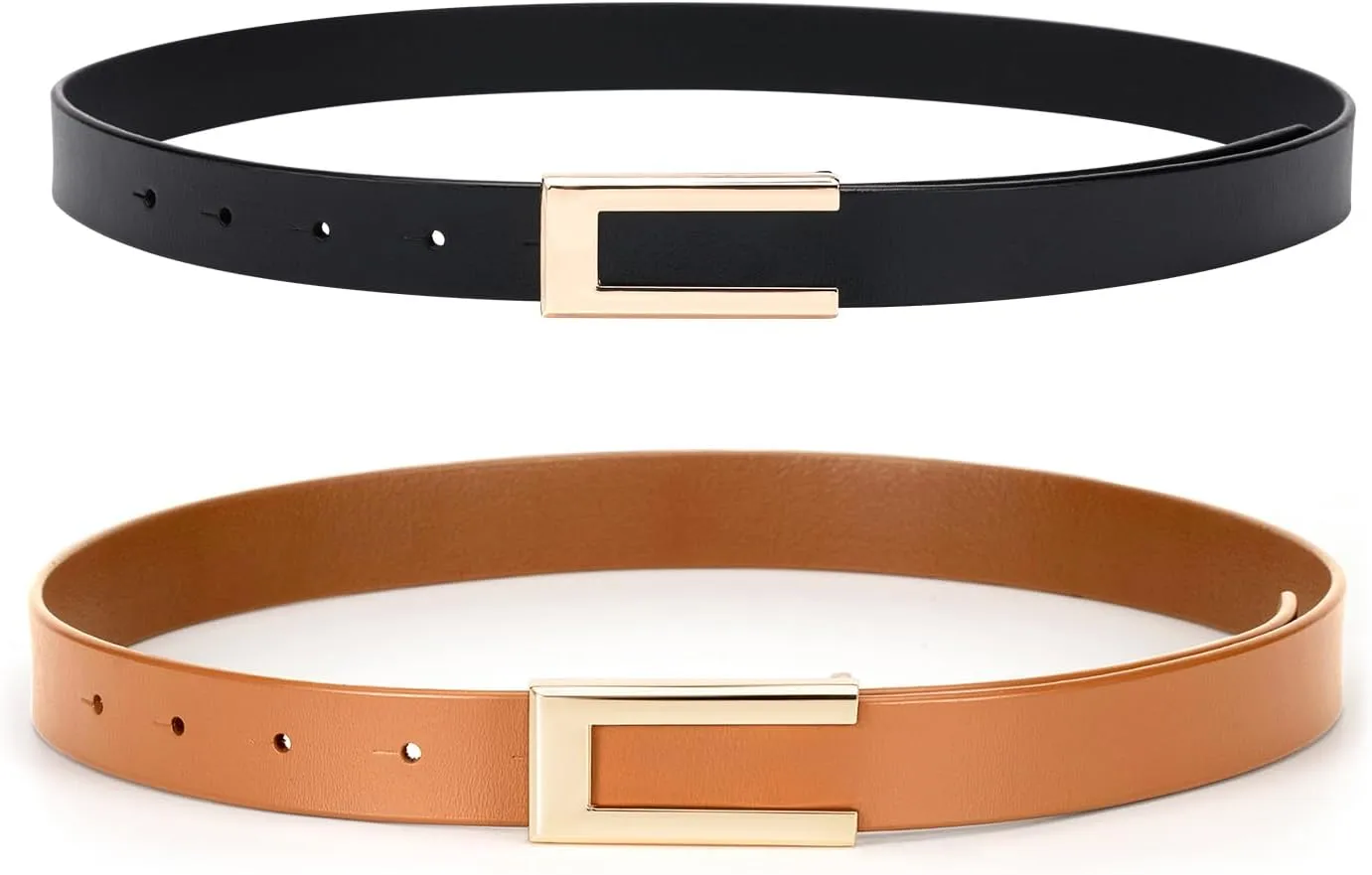 Womens Leather Belt for Pants Jeans Fashion Dresses Gold Buckle Skinny Belts for Ladies 2 Pack