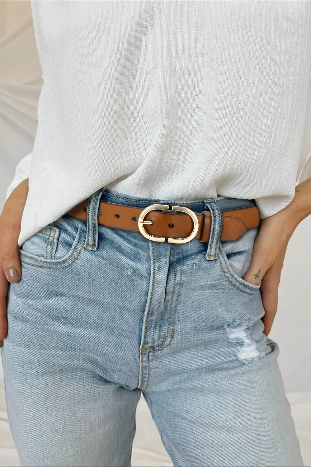 Womens Leather Belts for Jeans Pants - CR 1.3" Width Casual Ladies Belt - Fashion Center Bar Gold Buckle