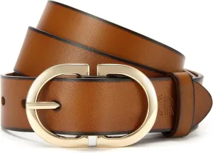 Womens Leather Belts for Jeans Pants - CR 1.3" Width Casual Ladies Belt - Fashion Center Bar Gold Buckle