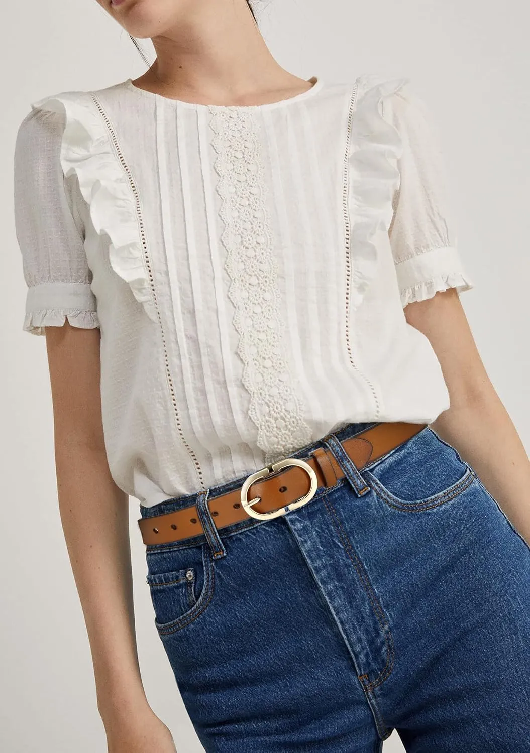 Womens Leather Belts for Jeans Pants - CR 1.3" Width Casual Ladies Belt - Fashion Center Bar Gold Buckle