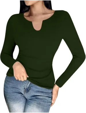 Womens Long Sleeve Shirts with Built in Bra Casual Basic Padded Scrubs Tops Plain Notch V Neck Undershirt Blouse