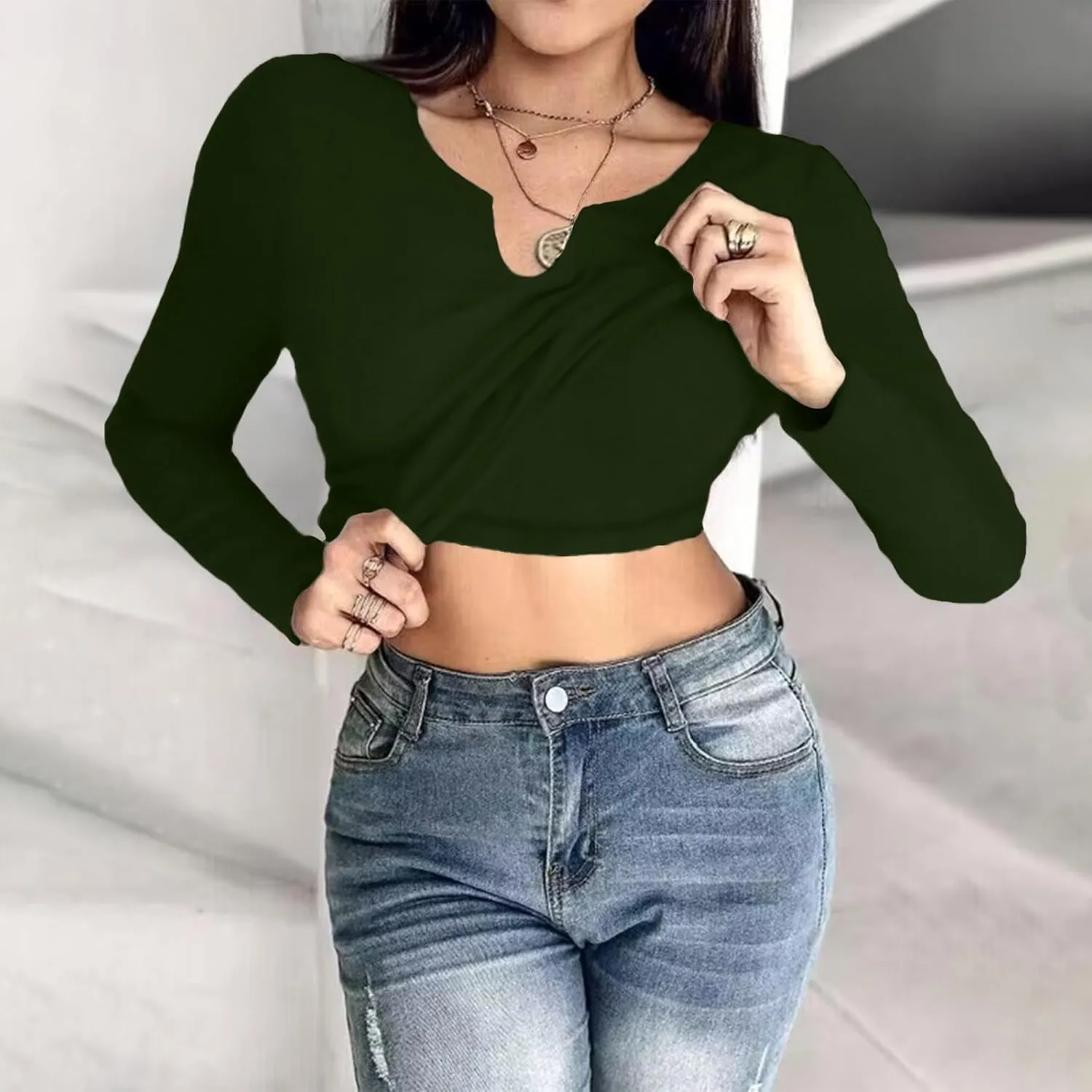 Womens Long Sleeve Shirts with Built in Bra Casual Basic Padded Scrubs Tops Plain Notch V Neck Undershirt Blouse