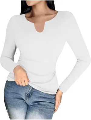 Womens Long Sleeve Shirts with Built in Bra Casual Basic Padded Scrubs Tops Plain Notch V Neck Undershirt Blouse