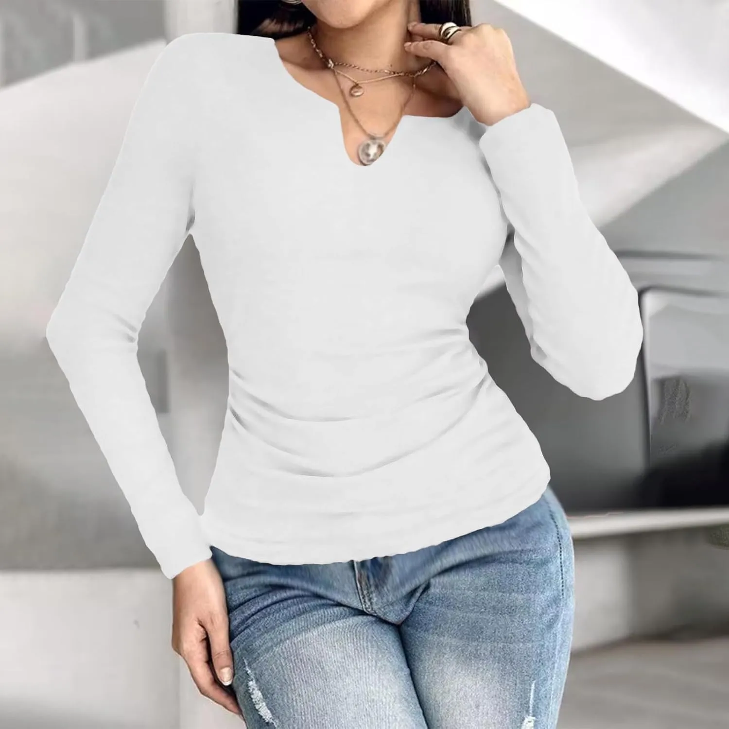Womens Long Sleeve Shirts with Built in Bra Casual Basic Padded Scrubs Tops Plain Notch V Neck Undershirt Blouse