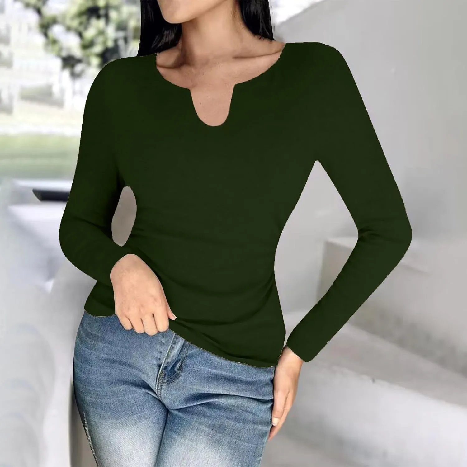Womens Long Sleeve Shirts with Built in Bra Casual Basic Padded Scrubs Tops Plain Notch V Neck Undershirt Blouse