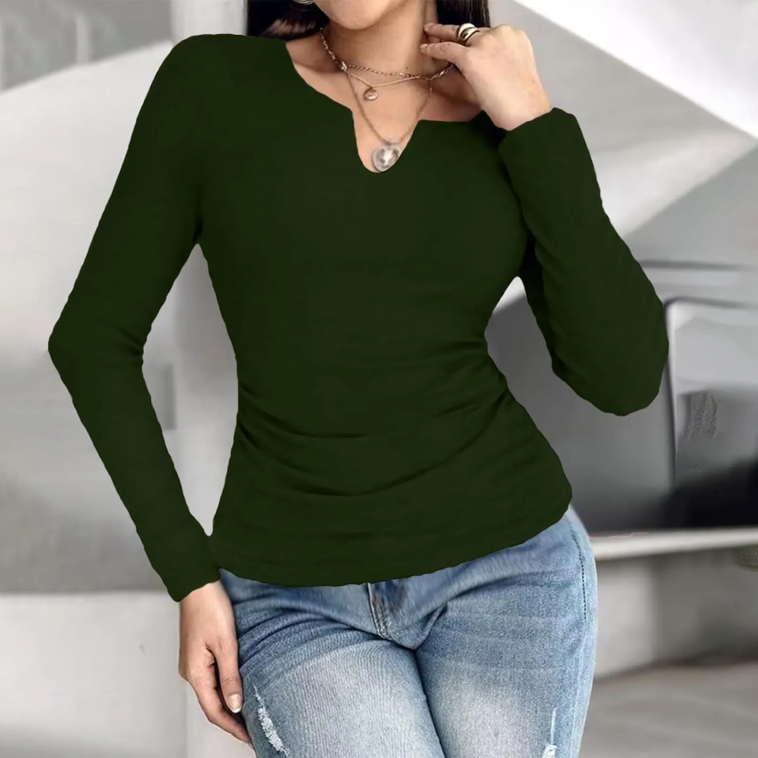 Womens Long Sleeve Shirts with Built in Bra Casual Basic Padded Scrubs Tops Plain Notch V Neck Undershirt Blouse