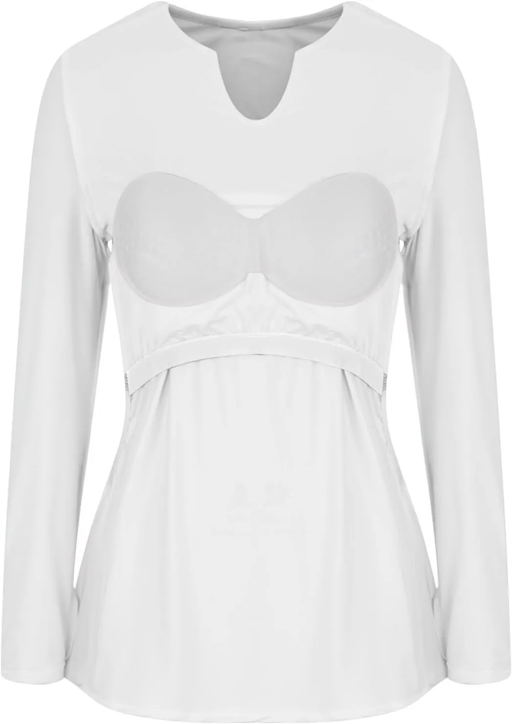 Womens Long Sleeve Shirts with Built in Bra Casual Basic Padded Scrubs Tops Plain Notch V Neck Undershirt Blouse