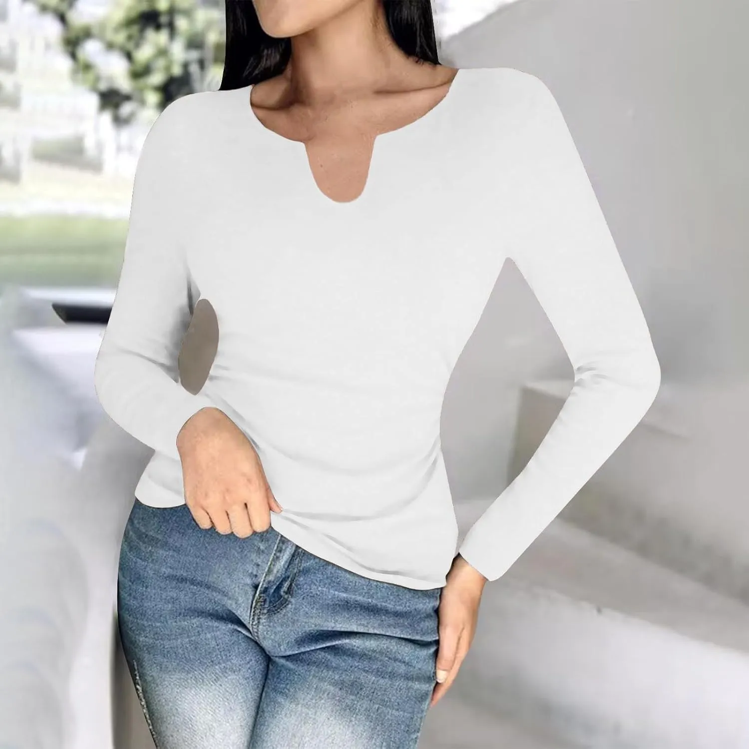 Womens Long Sleeve Shirts with Built in Bra Casual Basic Padded Scrubs Tops Plain Notch V Neck Undershirt Blouse