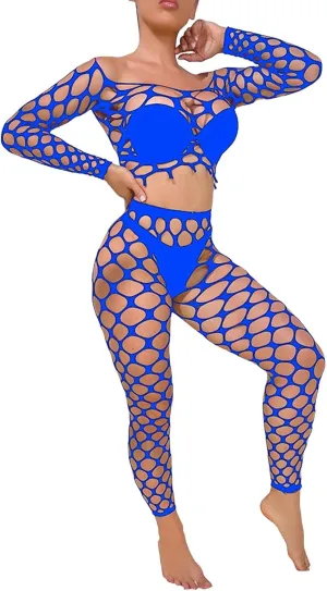 Women's Plus Size Sexy Diamond Black Fishnet Bodysuit Free Size Bodysuit Two Piece Sheer Lace Outfits Exotic Sets
